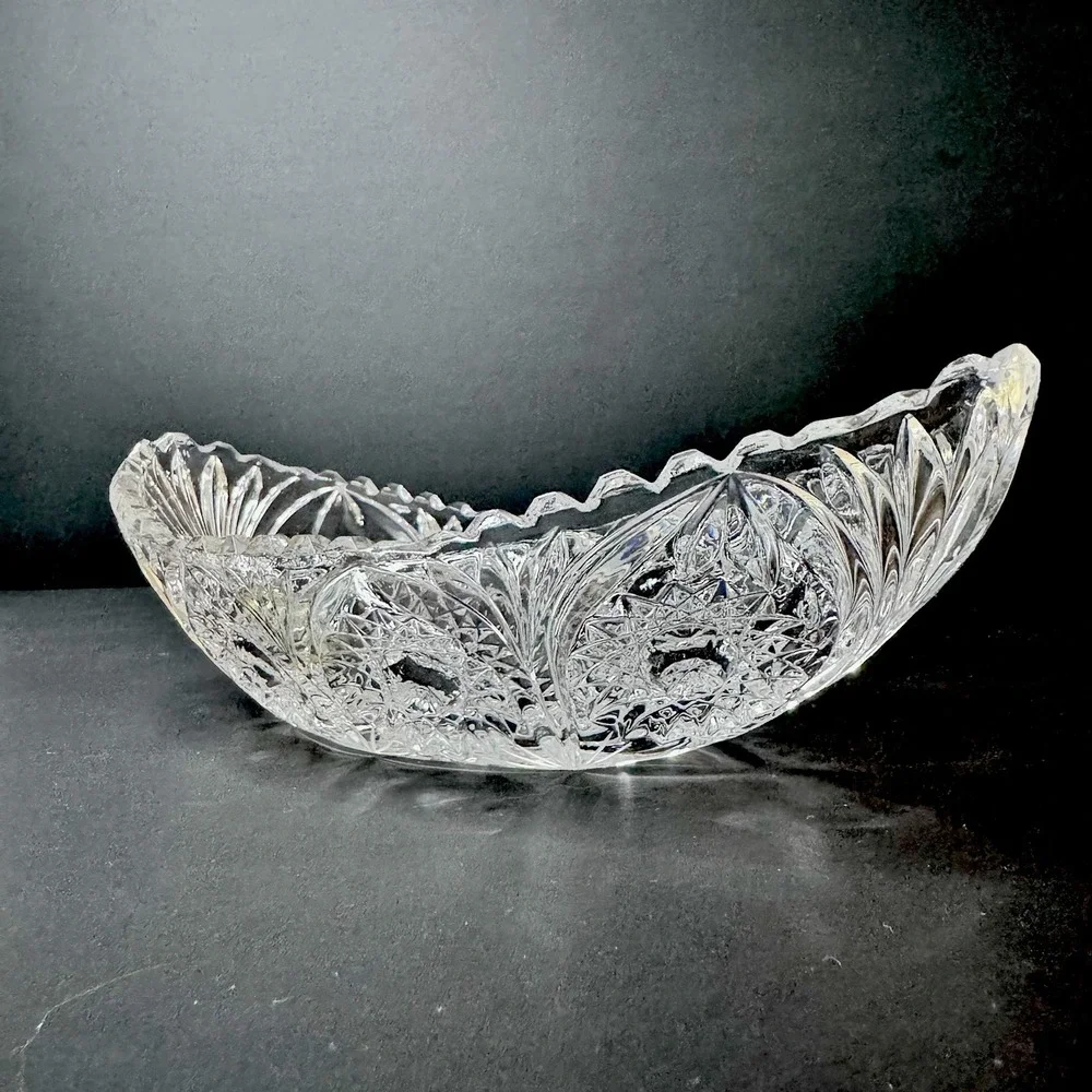Vintage Cut Crystal Sawtooth Edge Banana Boat Bowl Dish Large Heavy Glass
